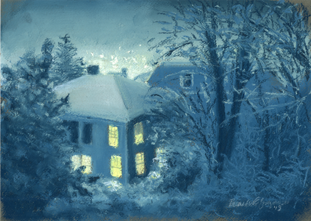 pastel painting of snowy night