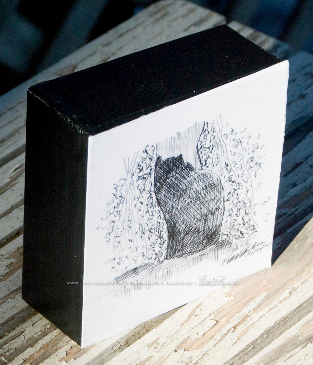 "Looking Out the Window" wood-mounted ink sketch.