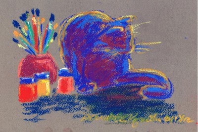 "Art Cat", Sennelier pastels on Fabriano Tiziano Pastello drawing paper, 11" x 6", 2/19/2012 © Bernadette E. Kazmarski