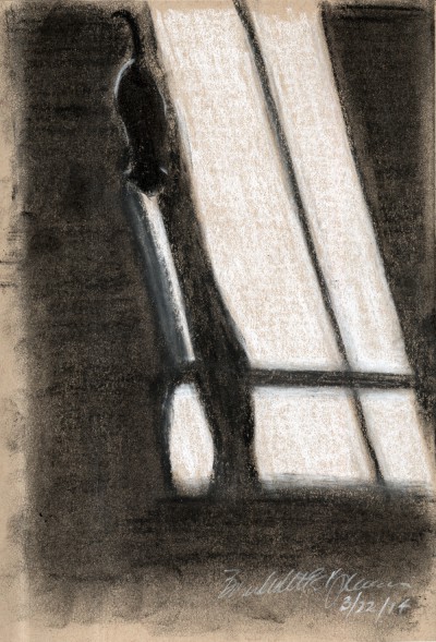 “Long Morning Shadows”, white and black and soft, vine and compressed charcoal on toned paper, 5.5″ x 8.5″ © Bernadette E. Kazmarski