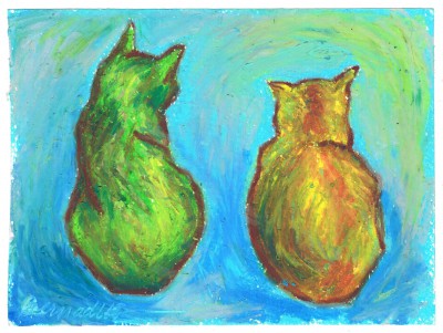 "Two Cats After van Gogh", oil pastel, 6" x 5" © Bernadette E. Kazmarski