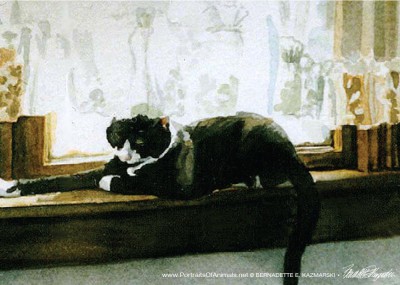 Buster Lookin' at His Toes, watercolor, 4" x 5", 1995 © Bernadette E. Kazmarski