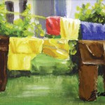 "My Neighbor's Laundry", acrylic on board, 6 x 12, 2005 © Bernadette E. Kazmarski