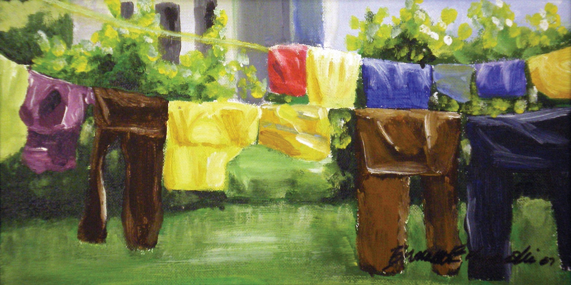 "My Neighbor's Laundry", acrylic on board, 6 x 12, 2005 © Bernadette E. Kazmarski