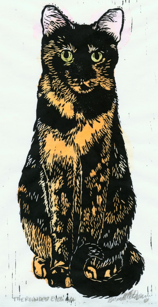 "The Roundest Eyes", linoleum block print, 9 x 12 ยฉ Bernadette E. Kazmarski