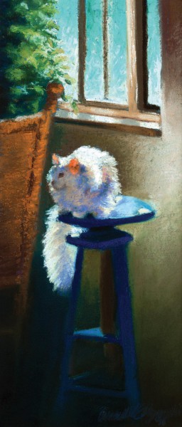 “White Cat Reflecting”, pastel on Hahnemühle sanded watercolor paper, 6″ x 14″© Bernadette E. Kazmarski