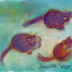 "Three Warm Cats on a Cool Ground", pastel, 7" x 10" ยฉ Bernadette E. Kazmarski