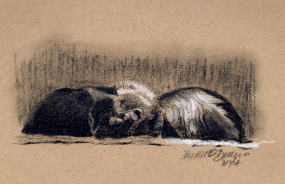 "Front and Back", white and black charcoal on toned paper, 8" x 5" © Bernadette E. Kazmarski