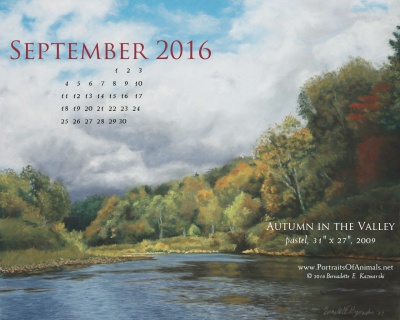 "Autumn in the Valley" desktop calendar, 1280 x 1024 for square and laptop monitors.