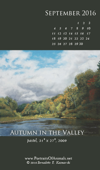 "Autumn int he Valley" desktop calendar, for 400 x 712 for mobile phones.