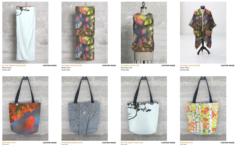 Tops, wraps, scarves and totes.