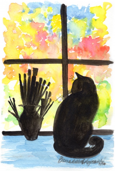 “Studio Window, Autumn”, 5.5″ x 8.5″, watercolor © Bernadette E. Kazmarski