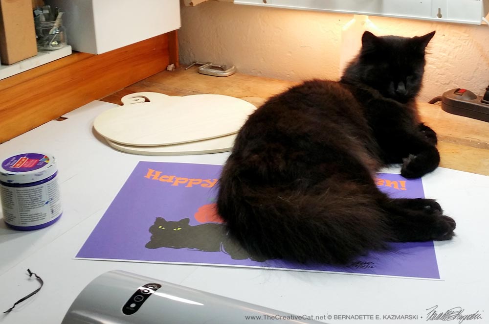 Hamlet keeps the placemat print in place while I heat up the laminator.