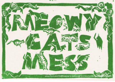 Meowy Cat's Mess, green on cream