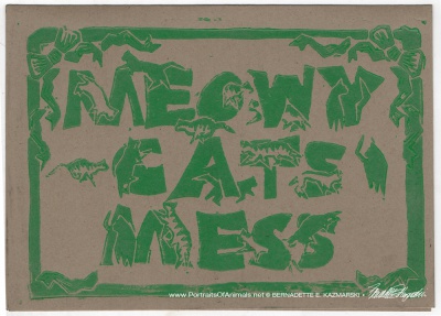 Meowy Cat's Mess, green on kraft
