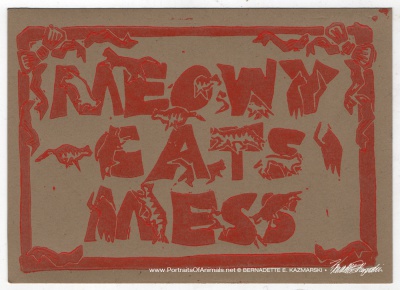 Meowy Cat's Mess, red on kraft