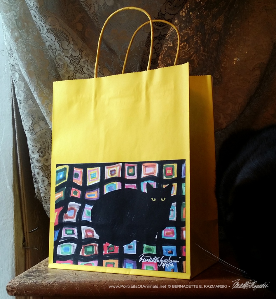 Mewsette on the Afghan gift bag, yellow