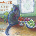 "Cat With Fruit" desktop calendar, 1280 x 1024 for square and laptop monitors.