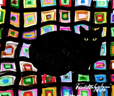 "Mewsette on the Afghan", markers , 6" x 7" © Bernadette E. Kazmarski (cropped)