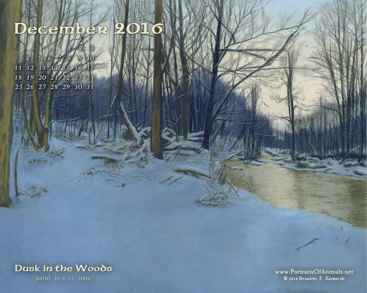 "Dusk in the Woods" desktop calendar, 1280 x 1024 for square and laptop monitors.