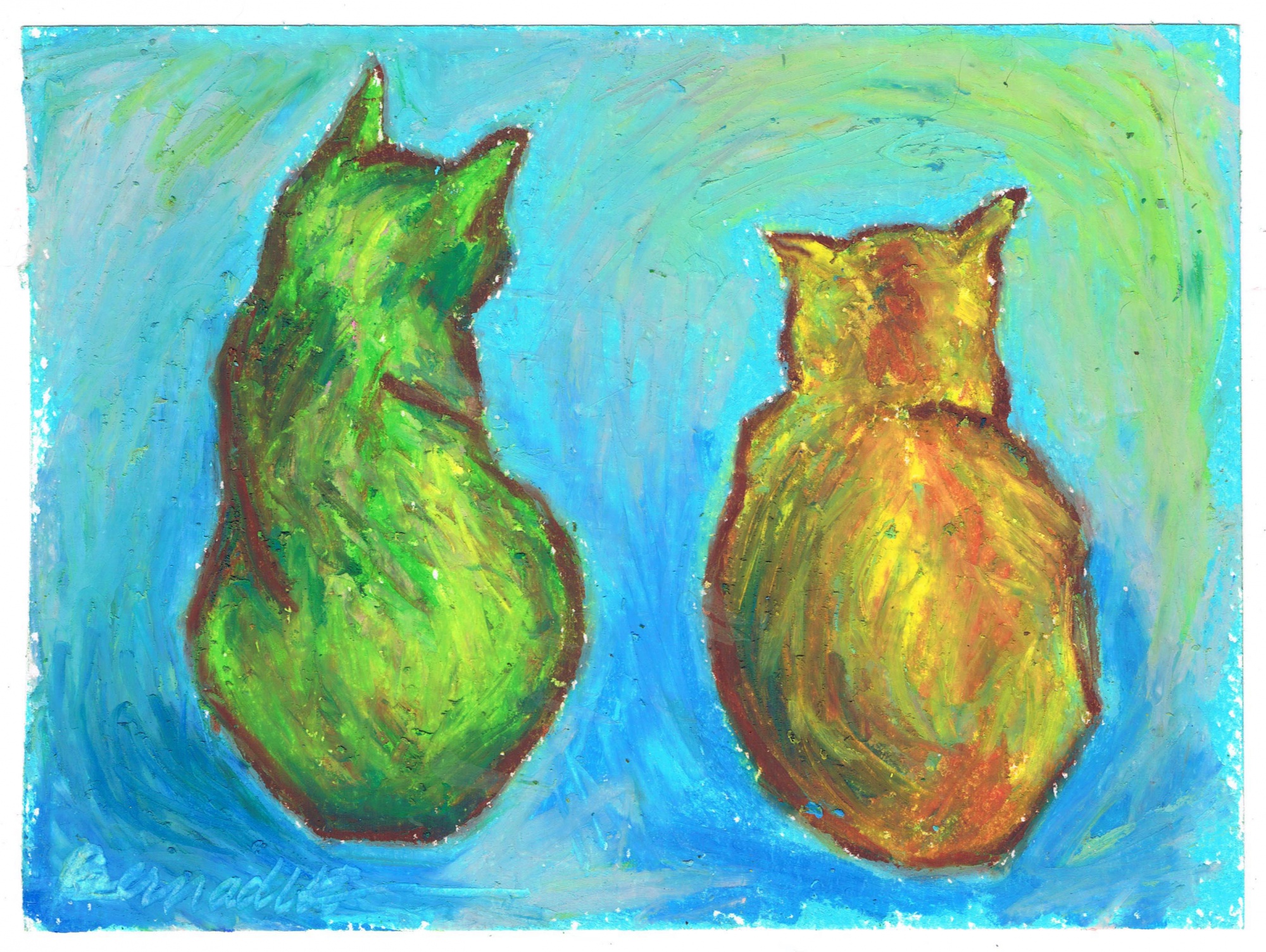 "Two Cats After van Gogh", oil pastel, 6" x 5" © Bernadette E. Kazmarski