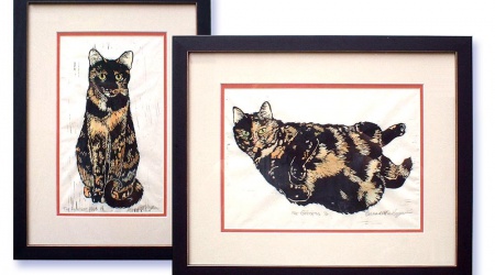 "Tortie Girls" set of matted and framed block prints.