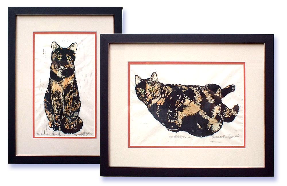 "Tortie Girls" set of matted and framed block prints.