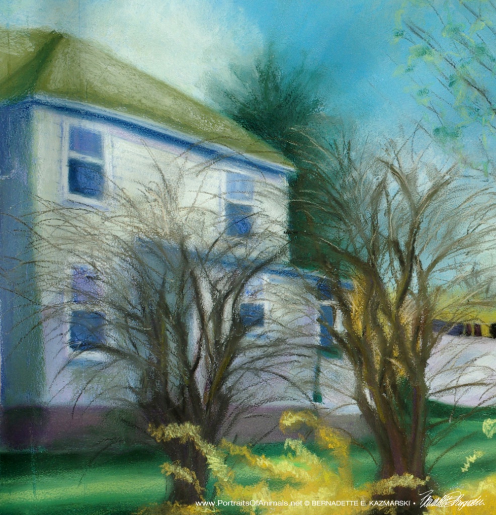 Detail of lilacs and house.