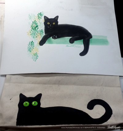 Comparison of the finished Bella! tote bag and the sketch it's based on.