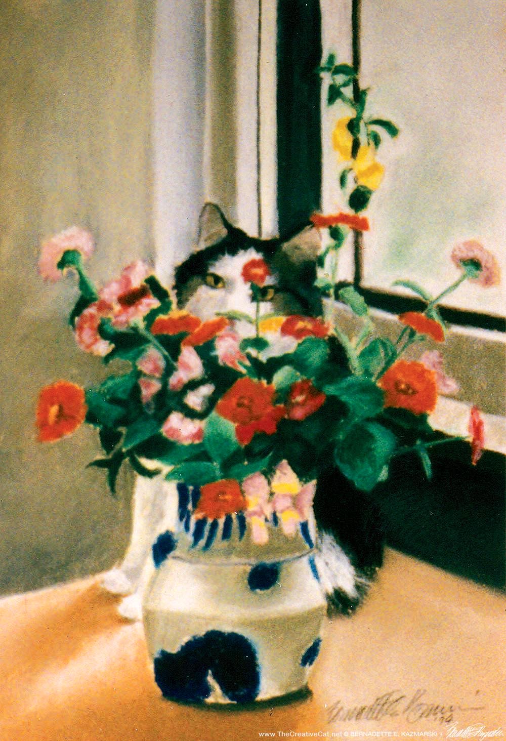 painting of cat behind vase of flowers