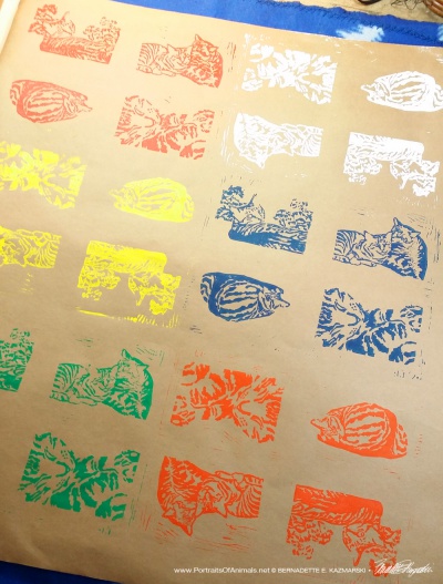Wrapping paper, "Tabbies", in primary colors.