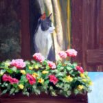 Feline art card: Namir at the Window, acrylic, 13" x 17" © Bernadette E. Kazmarski