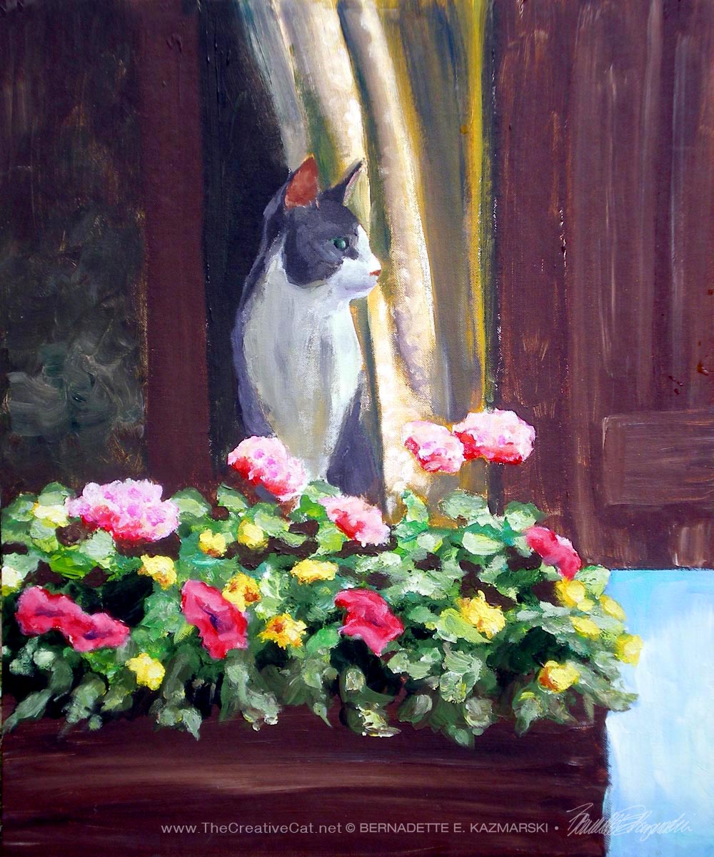 Feline art card: Namir at the Window, acrylic, 13" x 17" ยฉ Bernadette E. Kazmarski