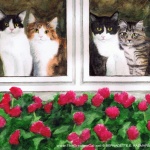 Four Kitties Supervising Mom, 15" x 11", watercolor, 2011 © Bernadette E. Kazmarski.