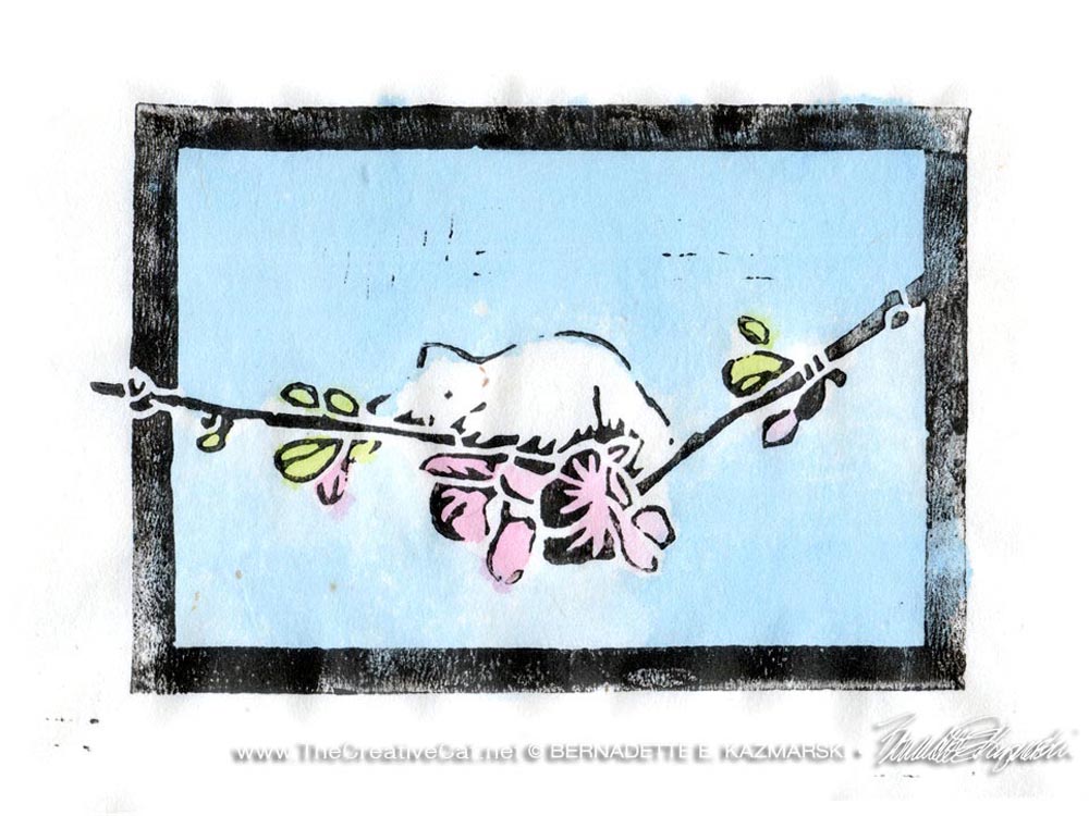 The Spring Kitten, hand-tinted linoleum block print.