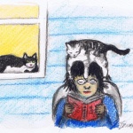 The woman does her best to ignore the girl kitty's advances.