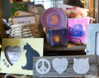 Pink and more! Coloring books, keepsake boxes, handprinted notecards, votives, feline frames, handpainted cat signs.