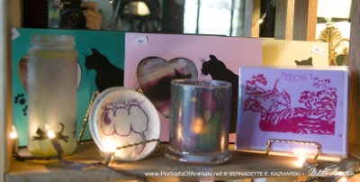 Pastel feline inspirations with feline frames, hand printed Valentine cards, votives and coasters.