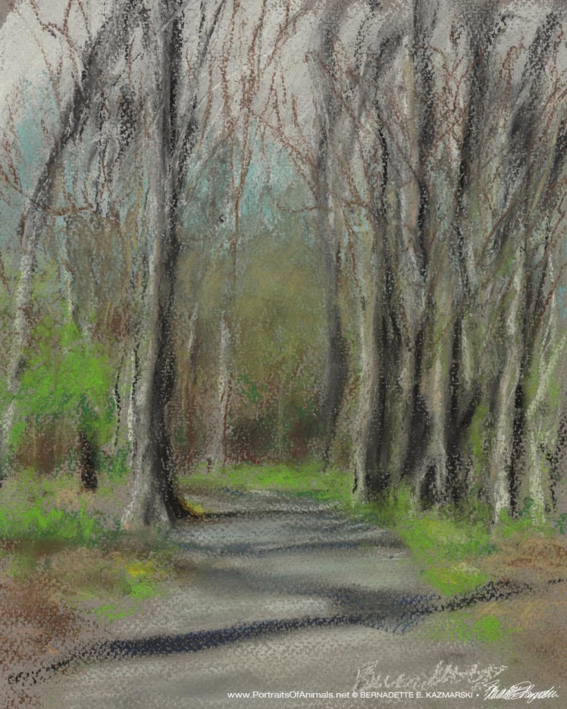 pastel painting of trees in spring woods