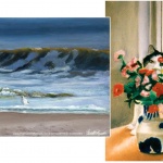 pastel seascape pastel cat with flowers