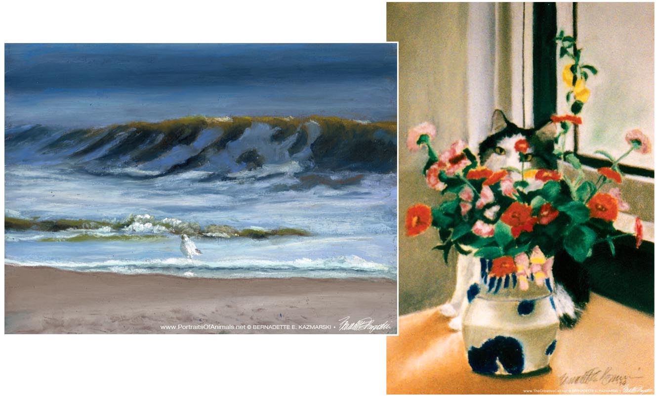 pastel seascape pastel cat with flowers