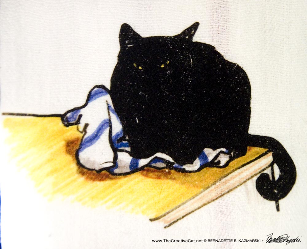 handprinted dishtowel with black cat