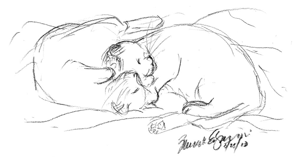 charcoal sketch of two cats