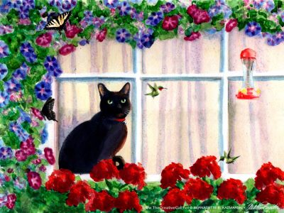 painting of black cat at window watching hummingbird