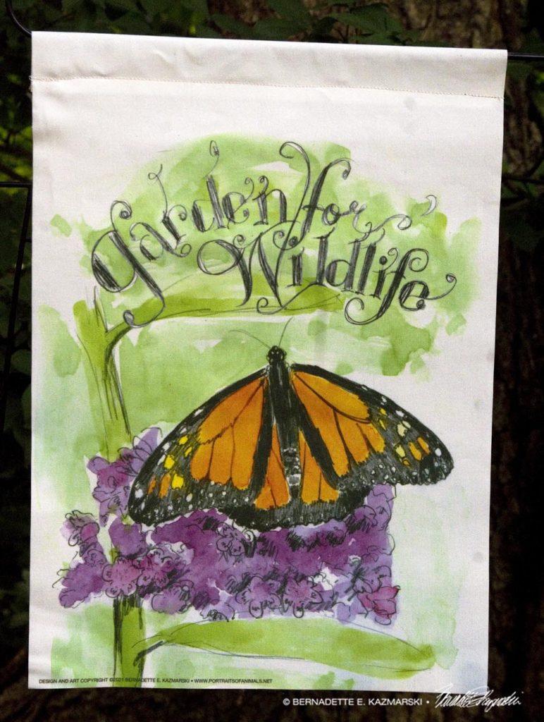 garden flag with flower and monarch butterfly