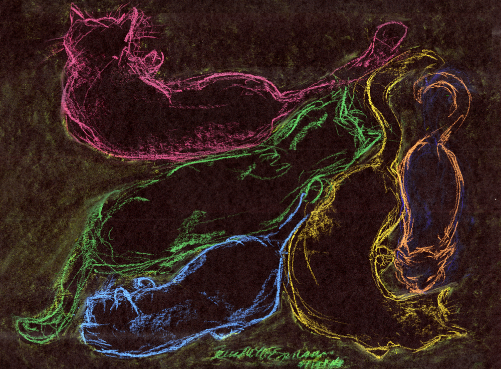 "Milling", Nupastel pastels on black construction paper, 9" x 11" © Bernadette E. Kazmarski