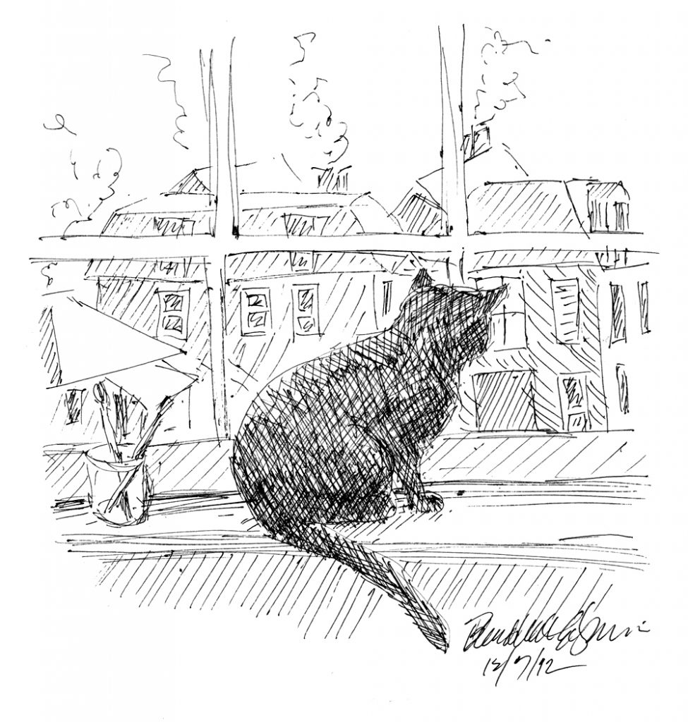 “Looking Out on the Morning”, ink drawing pen, 6″ x 6″ © B.E. Kazmarski