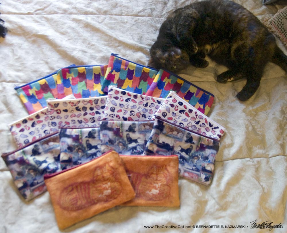 tortoiseshell cat with accessory bags