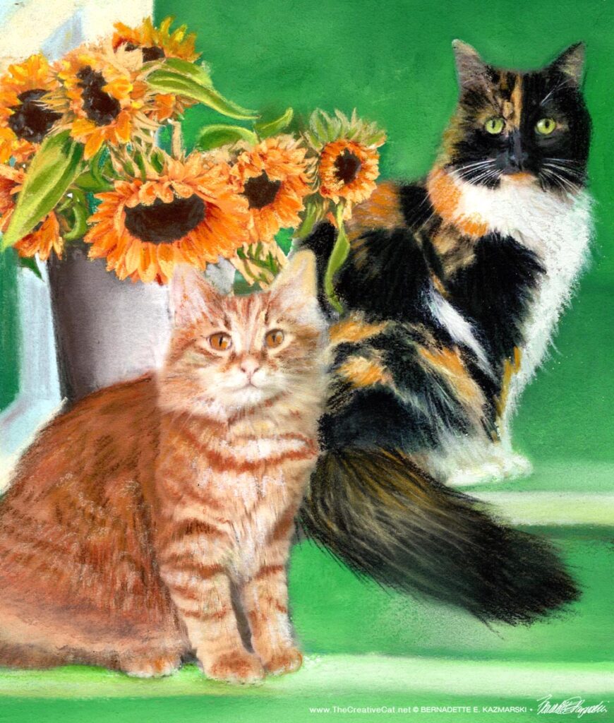 painting of two cats and sunflowers