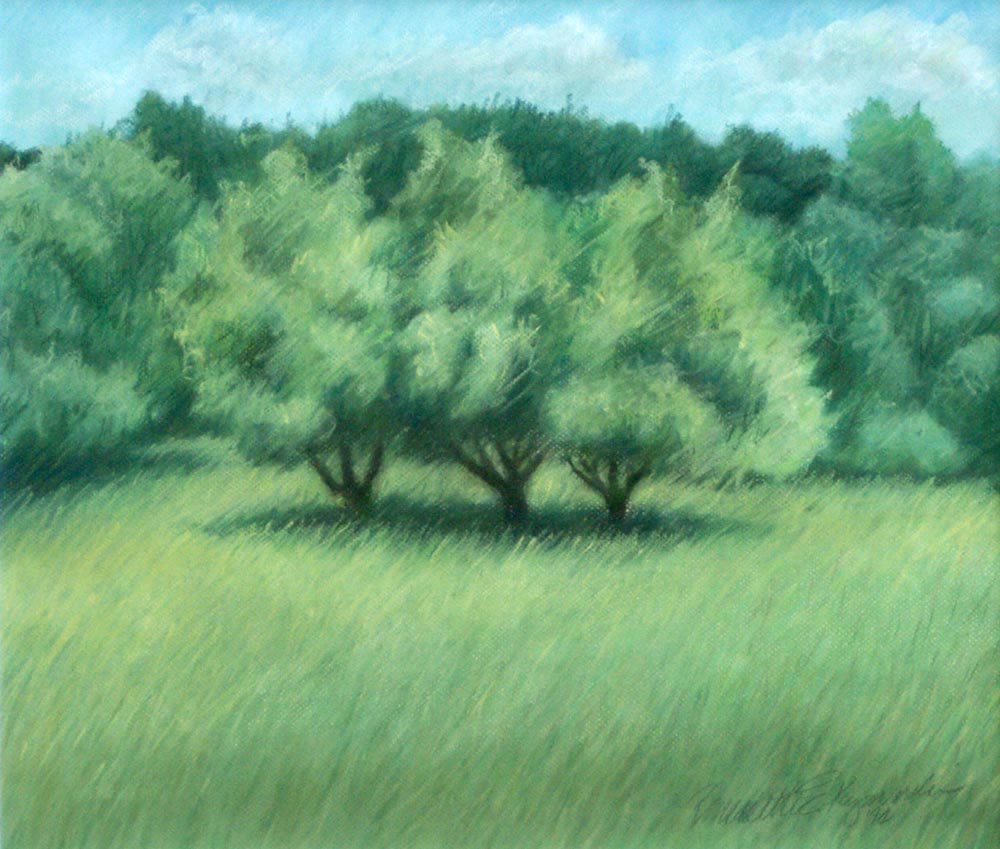 pastel painting of apple trees in pasture
